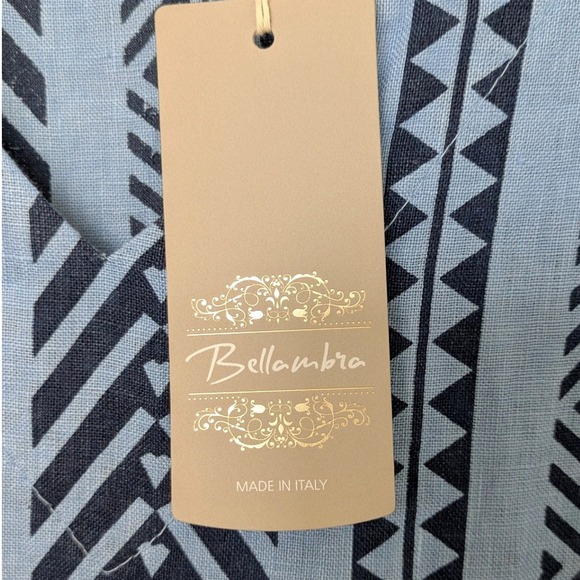 NWT Bellambra Pure Linen Aztec Print Tiered Midi Dress Blue Made in Italy XL - Picture 4 of 7